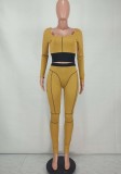Green Contrast Square Neck Fitted Crop Top and Pants 2PCS Set