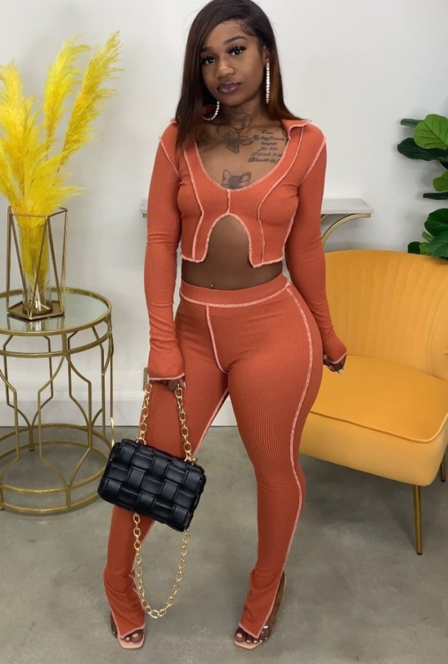 Orange Irregular Collar Crop Top And High Waist Pant 2PCS Set