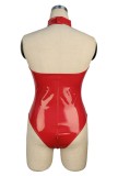 Red Leather Chains Mesh High Neck Teddy Lingerie