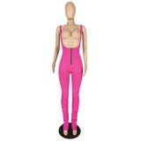 Pink Zipper Bodycon Suspender Jumpsuit