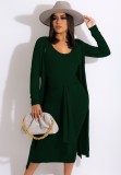 Green O-Neck Midi Tank Dress With Belt And Long Coat 3PCS Set