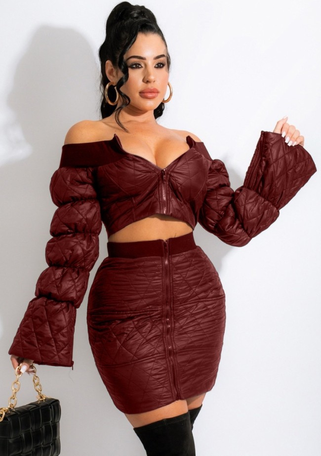 Red Zipper Up Off Shoulder Padding Jacket And Mini Skirt 2PCS Set