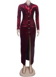 Red Silk Button Up Long Sleeve Maxi Blouse Dress