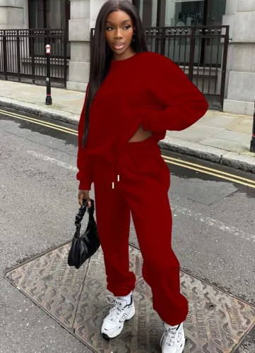 Red Long Sleeves O-Neck Loose Top and Pants 2PCS Set