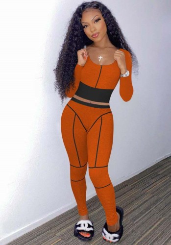 Orange Contrast Square Neck Fitted Crop Top and Pants 2PCS Set