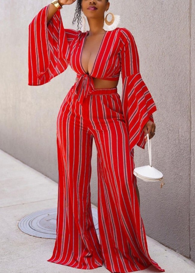 Red Stripe Tie V-Neck Crop Top And Loose Slit Pant 2PCS Set