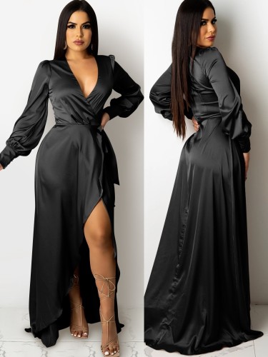 Black Silk Deep-V Long Sleeve Slit Maxi Dress
