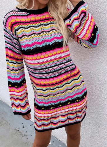 Multicolor Stripes O-Neck Drop Shoulder Sweater Mini Dress