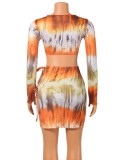 Print Orange Tie-knitted Long Sleeve Crop Top and Skirt 2PCS Set