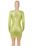 Green Hollow Out Long Sleeve O-Neck Mini Sheath Dress