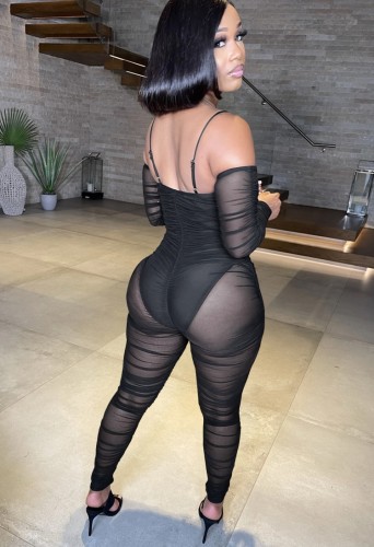 Black Off Shoulder See Through Long Sleeve Bodycon Jumpsuit