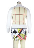 Poker Print White Open Back Long Sleeve Sheath Mini Dress