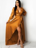 Yellow Silk Deep-V Long Sleeve Slit Maxi Dress