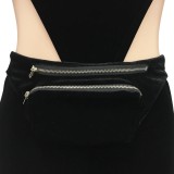 Black Velvet High Neck Zipper Up Cut Out Jumpsuit with Pocket