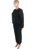 Black Long Sleeves O-Neck Loose Top and Pants 2PCS Set