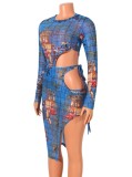 Blue Print Cut Out Long Sleeve Bodysuit and Irregular Skirt 2PCS Set
