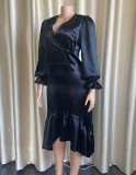 Plus Size Black Silk V-Neck Puff Sleeve Flounce Midi Dress