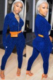 Sparkly Blue Zipper Up Long Sleeve Bodycon Jumpsuit