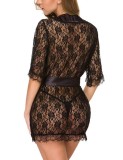 Black Lace Nightdress and T-Back Lingerie 2PCS Set with Silk Belt