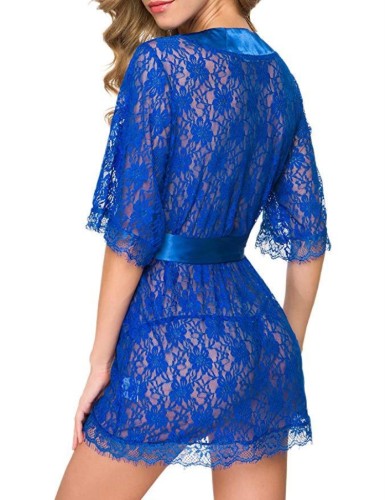 Blue Lace Nightdress and T-Back Lingerie 2PCS Set with Silk Belt