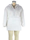 Plus Size White Zip Hoody Loose Mini Sweatshirt Dress with Pocket