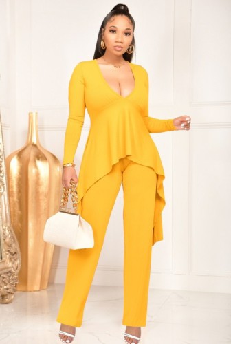 Yellow Deep-V Long Sleeve Ruffles Long Shirt And Pant 2PCS Set