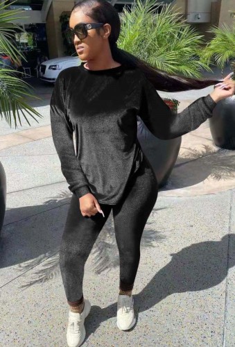 Black Velvet Loose O-Neck Sweatshirt and Fitted Pants 2PCS Set