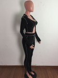 Black Irregular Collar Crop Top And High Waist Pant 2PCS Set