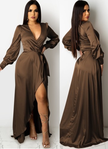 Brown Silk Deep-V Long Sleeve Slit Maxi Dress