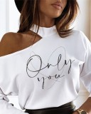 Letter Print White Shoulder-exposed Round Neck Long Sleeve Tee