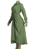 Green Button Turndown Collar Long Blouse Dress With Belt