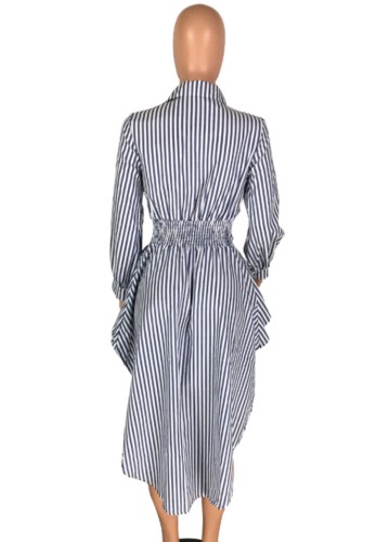 Blue Stripes Long Sleeve Button Up Irregular Long Blouse Dress