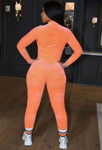 Orange Velvet Zip Up Long Sleeve Bodycon Jumpsuit