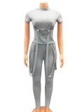 Gray Short Sleeve Turtleneck Slings Fitted Top and Pants 2PCS Set