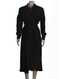 Black Button Turndown Collar Long Blouse Dress With Belt