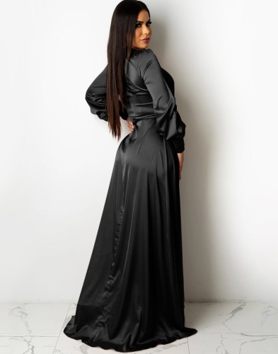 Black Silk Deep-V Long Sleeve Slit Maxi Dress