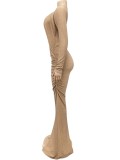 Khaki O-Neck Long Sleeve Irregual Cut Out Spilt Maxi Dress