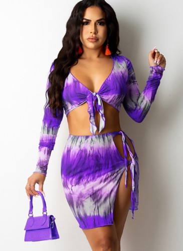 Print Purple Tie-knitted Long Sleeve Crop Top and Skirt 2PCS Set