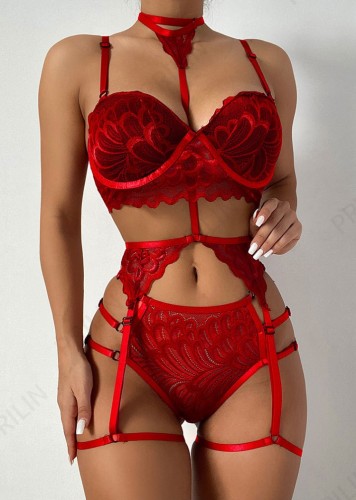 Red Lace Top and Underwear Bra Galter Lingerie 3PCS Set