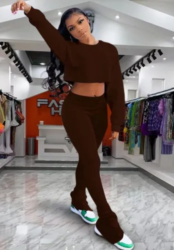 Brown O-Neck Crop Top And Stacked High Waist Pant 2PCS Set