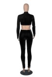 Black Velvet Cut Out Zipper Open Long Sleeve Slim Jumpsuit