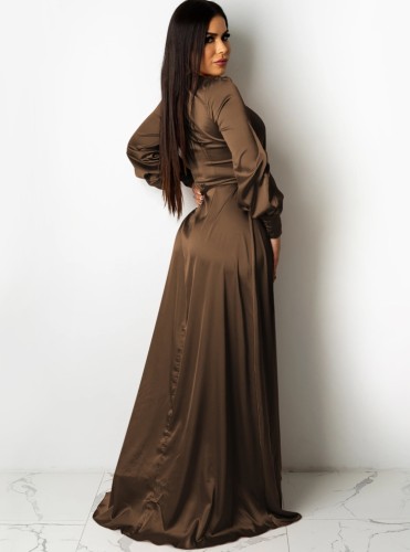 Brown Silk Deep-V Long Sleeve Slit Maxi Dress