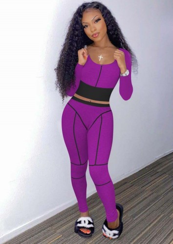 Purple Contrast Square Neck Fitted Crop Top and Pants 2PCS Set