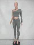 Gray Single Shoulder Crop Top and Cut Out Fitted Pants 2PCS Set