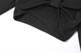 Black V-Neck Crop Top with Half Gloves and Split Skirt 2PCS Set