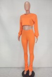 Orange O-Neck Crop Top And Stacked High Waist Pant 2PCS Set