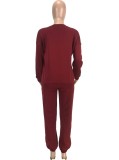 Red Long Sleeves O-Neck Loose Top and Pants 2PCS Set