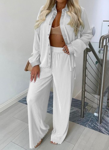 White Silk Patch Button Up Blouse And Loose Pant 2PCS Set