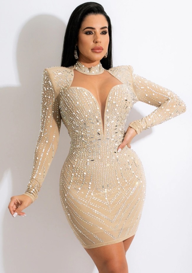 Kahaki Rhinestone Turtleneck Hollow Out Long Sleeve Mini Dress