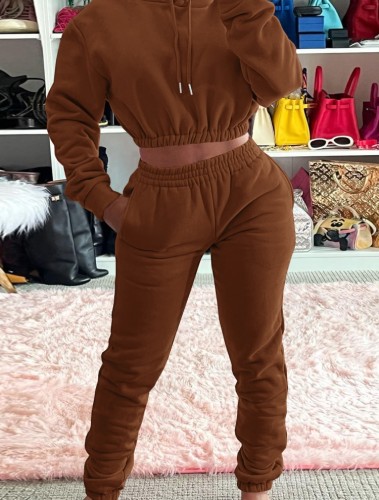 Brown Drawstring Hoody Crop Top and Pants 2PCS Set